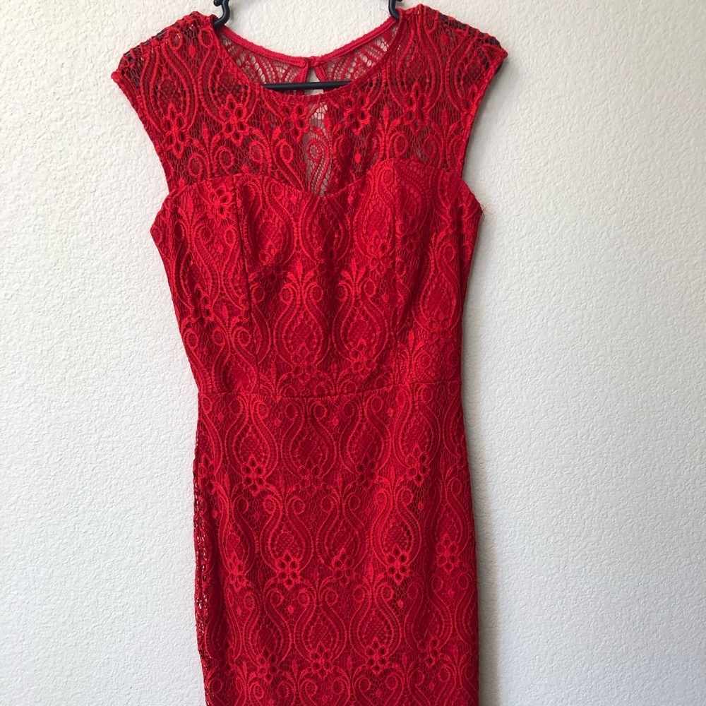 Red lace dress knee length